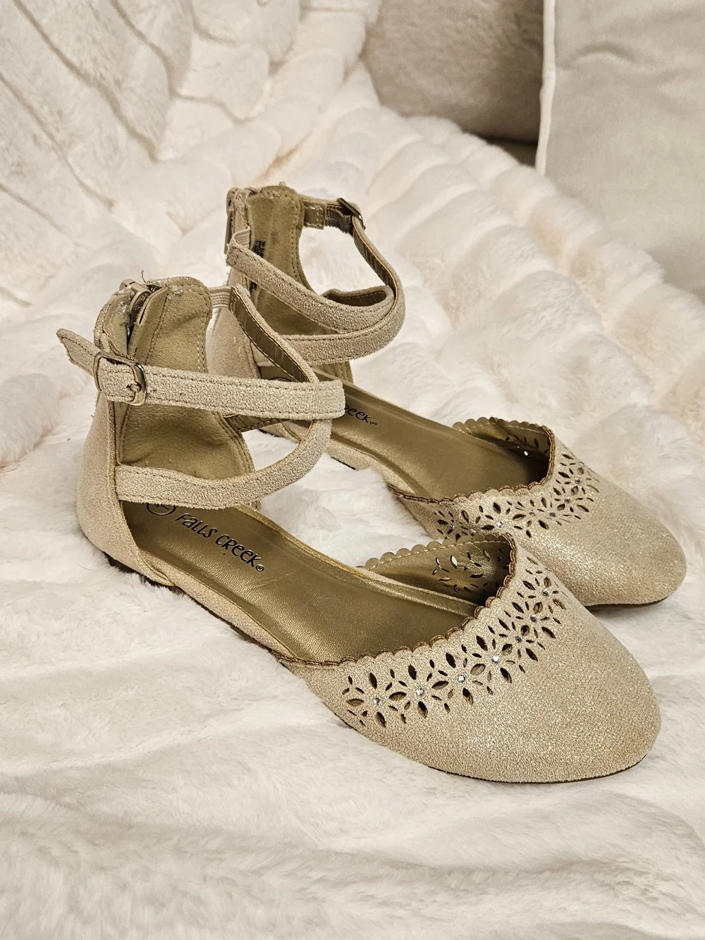 Falls Creek Taupe Laser-Cut Ankle-Strap Flats